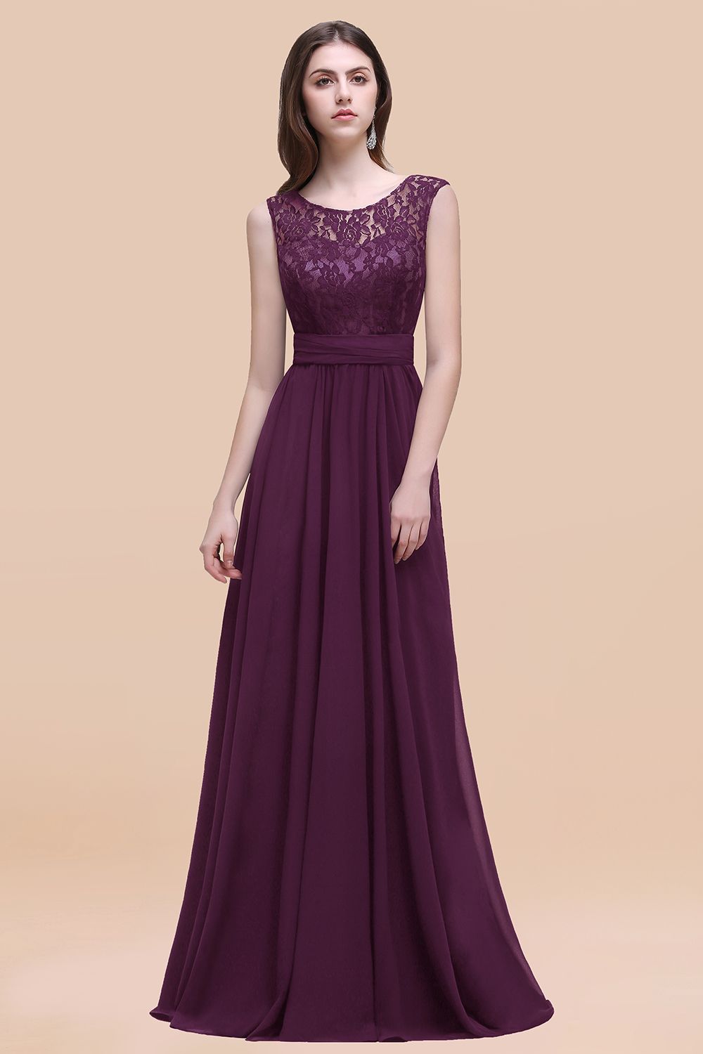 Purple Scoop Neck Chiffon A-Line Long Bridesmaid Dress