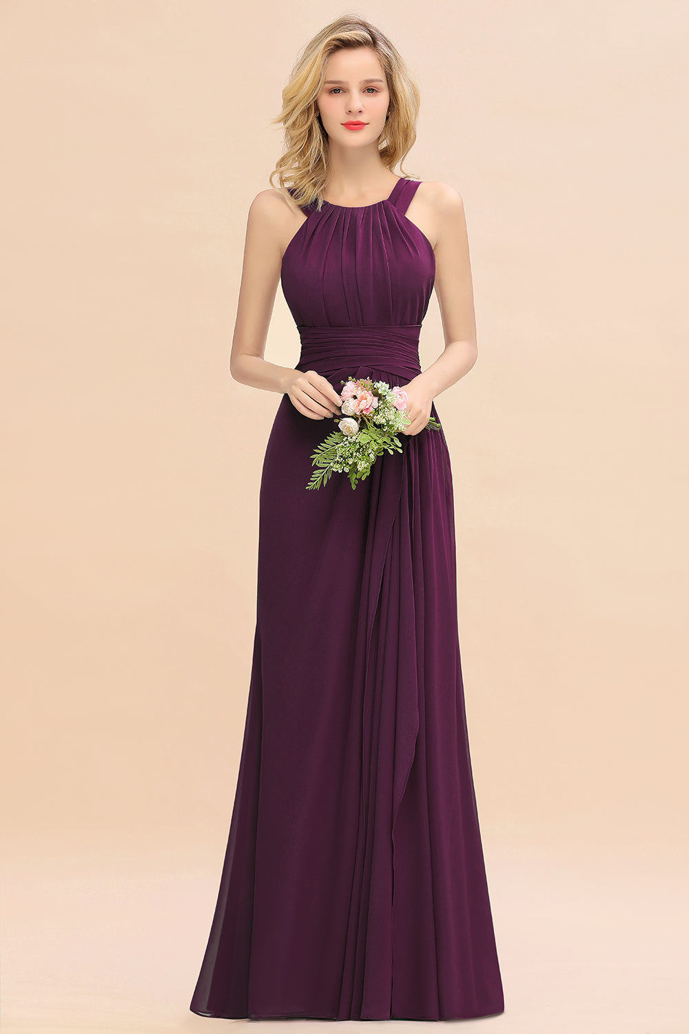 Purple Scoop Neck Chiffon A-Line Long Bridesmaid Dress