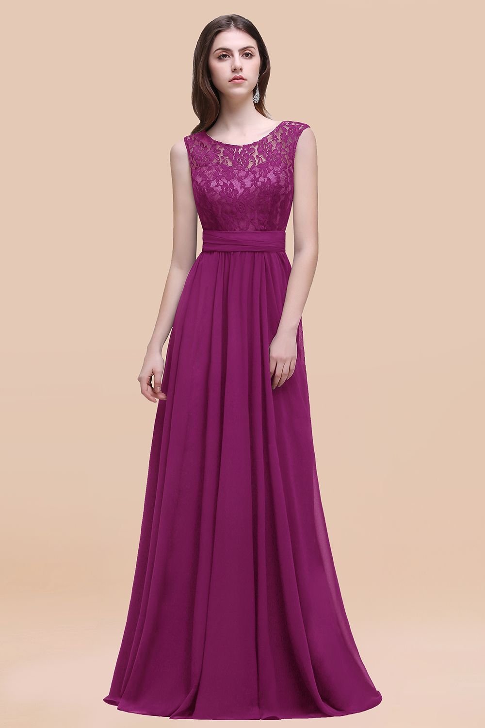 Purple Scoop Neck Chiffon A-Line Long Bridesmaid Dress