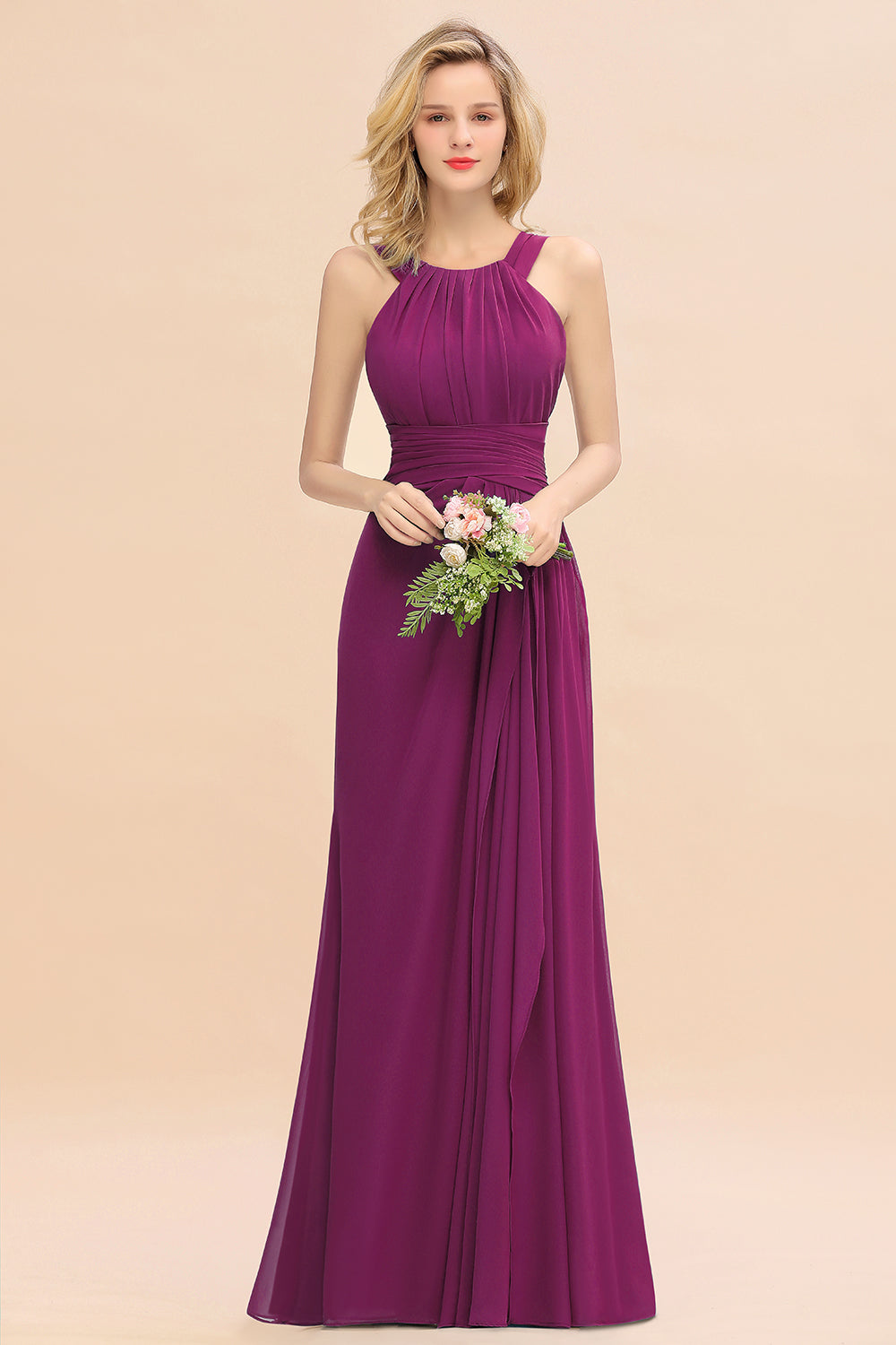 Purple Scoop Neck Chiffon A-Line Long Bridesmaid Dress