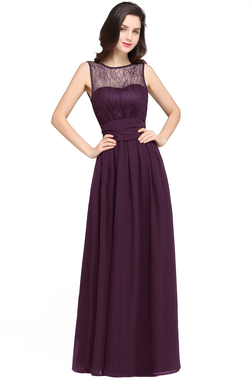 Purple Scoop Neck Chiffon A-Line Long Bridesmaid Dress