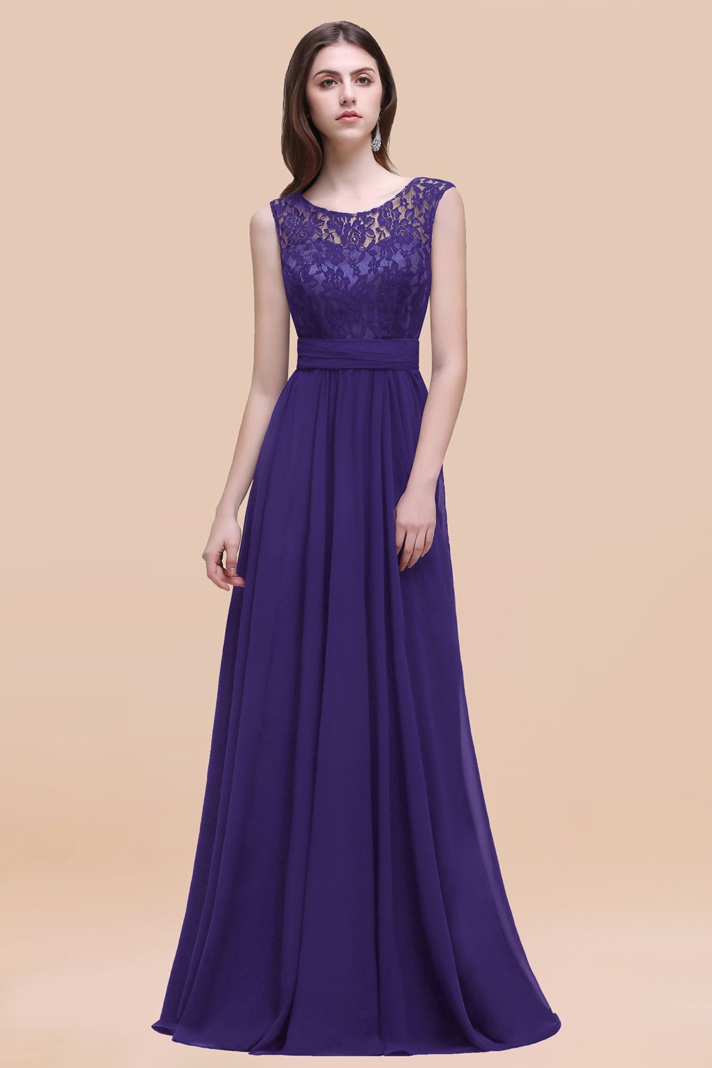 Purple Scoop Neck Chiffon A-Line Long Bridesmaid Dress