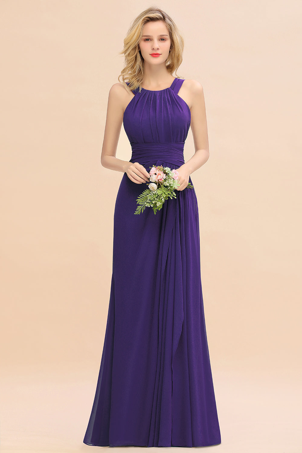 Purple Scoop Neck Chiffon A-Line Long Bridesmaid Dress