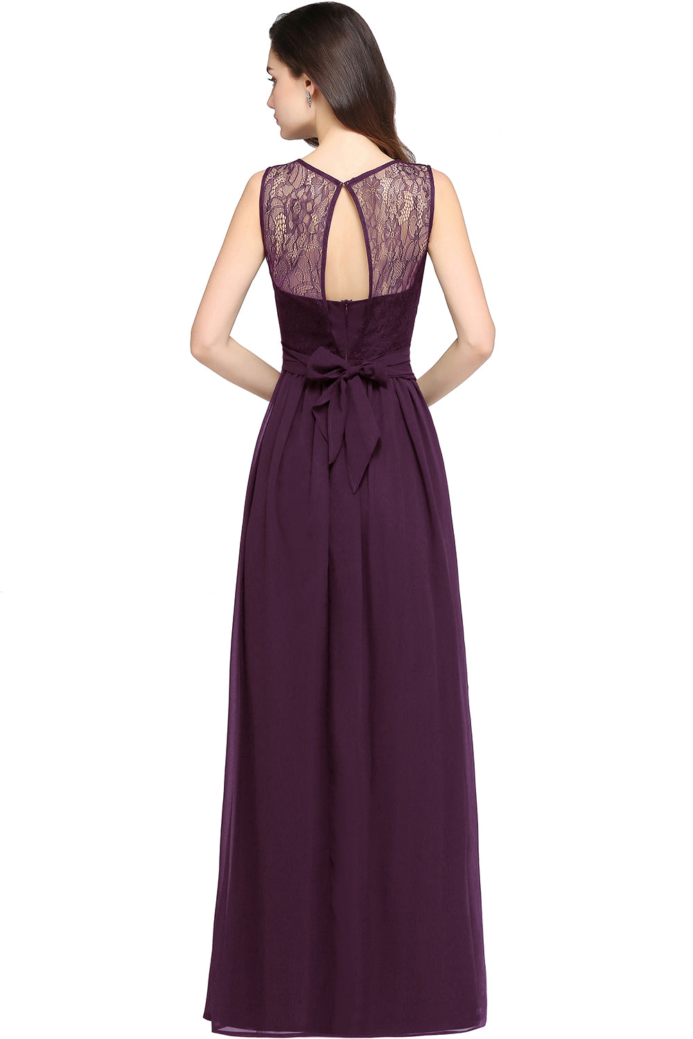 Purple Scoop Neck Chiffon A-Line Long Bridesmaid Dress Back View