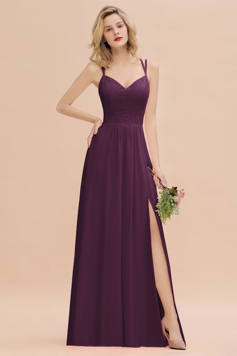 Purple Sweetheart Chiffon A-Line Long Bridesmaid Dress with Slit