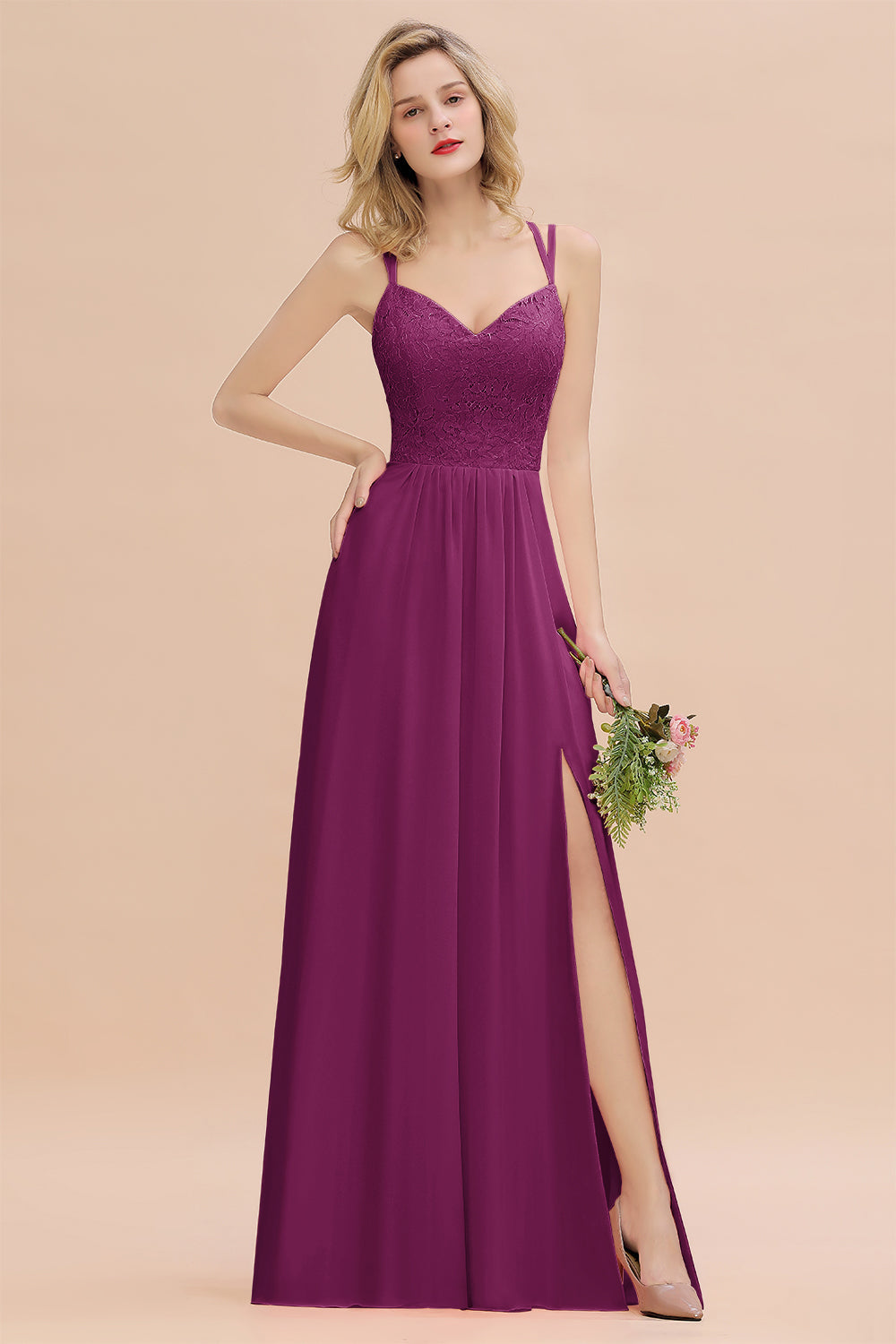 Purple Sweetheart Chiffon A-Line Long Bridesmaid Dress with Slit