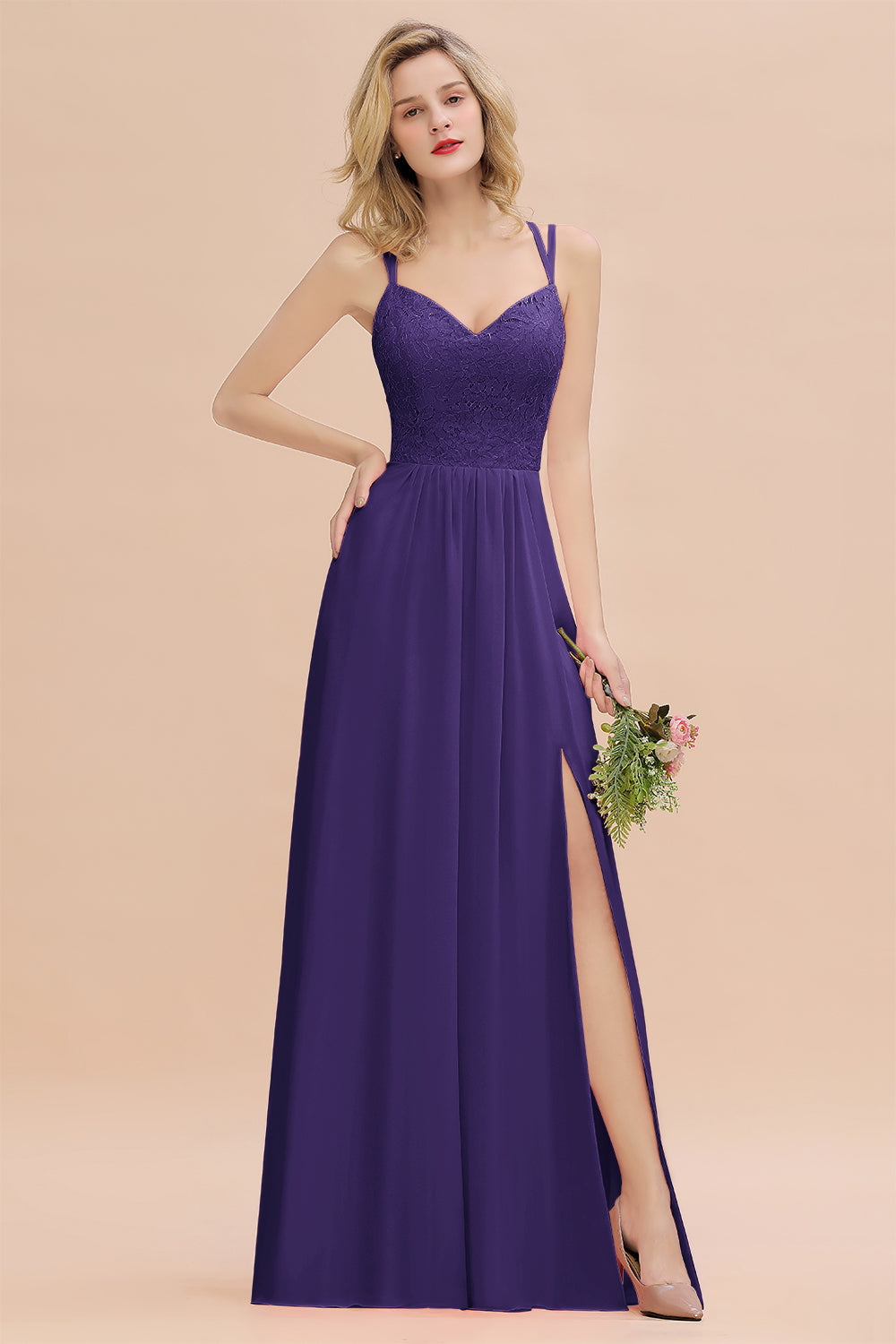 Purple Sweetheart Chiffon A-Line Long Bridesmaid Dress with Slit