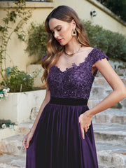 Purple V-Neck A-Line Long Bridesmaid Dress with Lace Appliques Bodice Detail