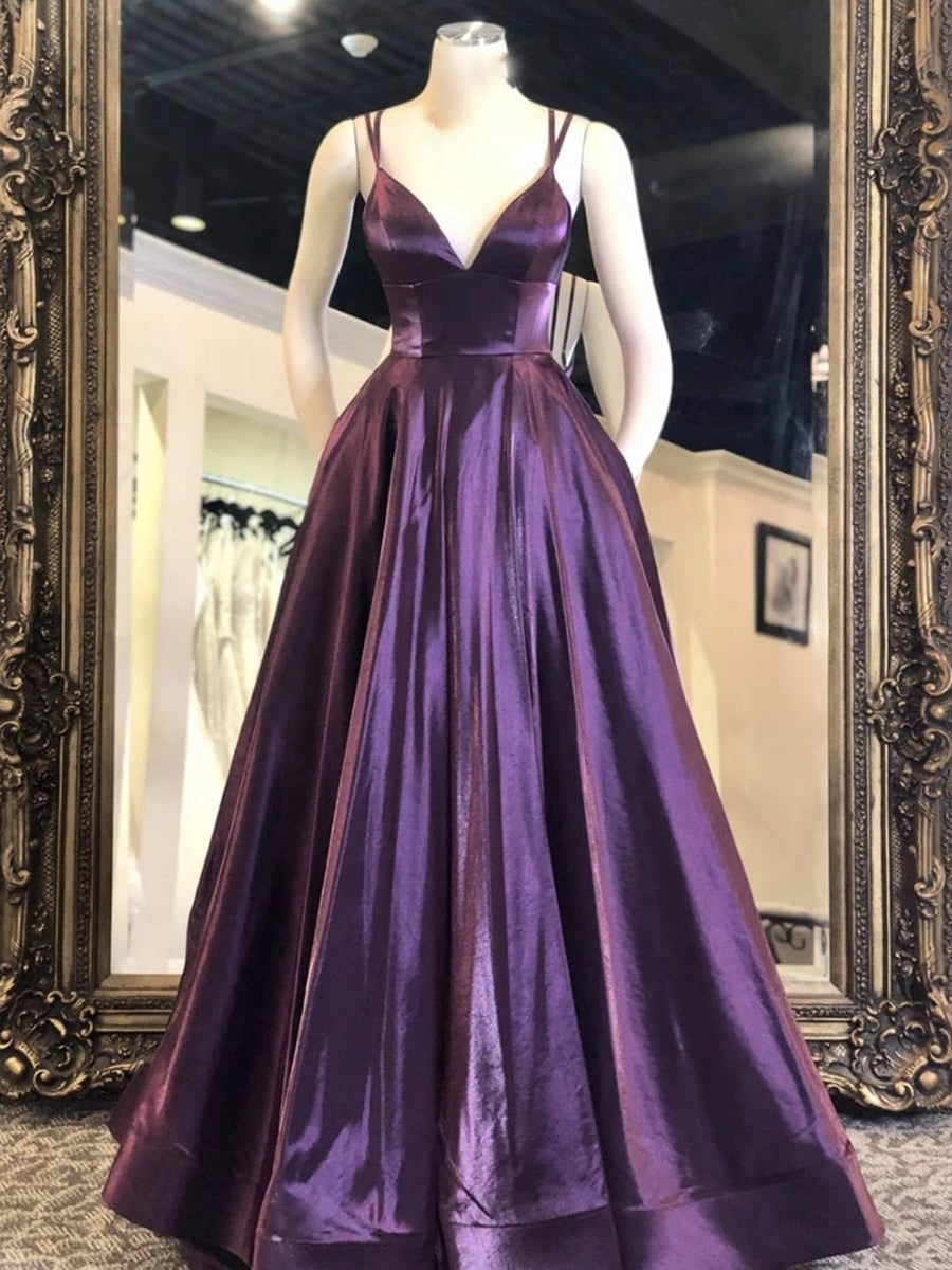 Purple V-Neck A-Line Long Prom Dress with Pockets