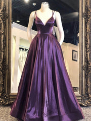 Purple V-Neck A-Line Long Prom Dress with Pockets