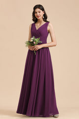 Purple V-Neck Chiffon A-Line Long Bridesmaid Dress