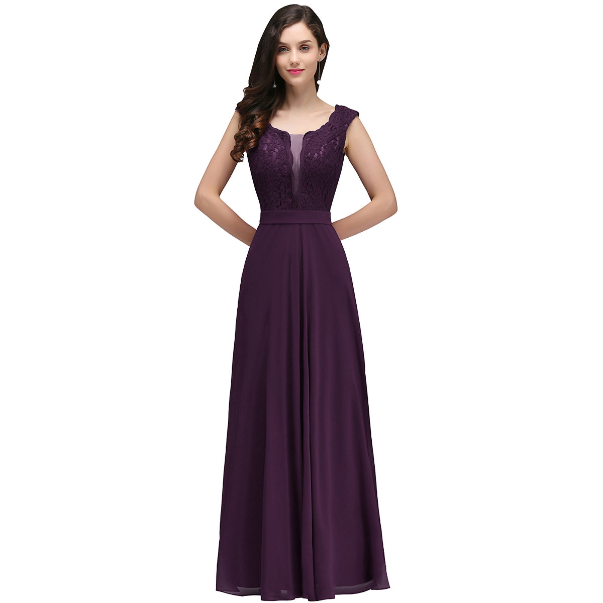 Purple V-Neck Chiffon A-Line Long Bridesmaid Dress