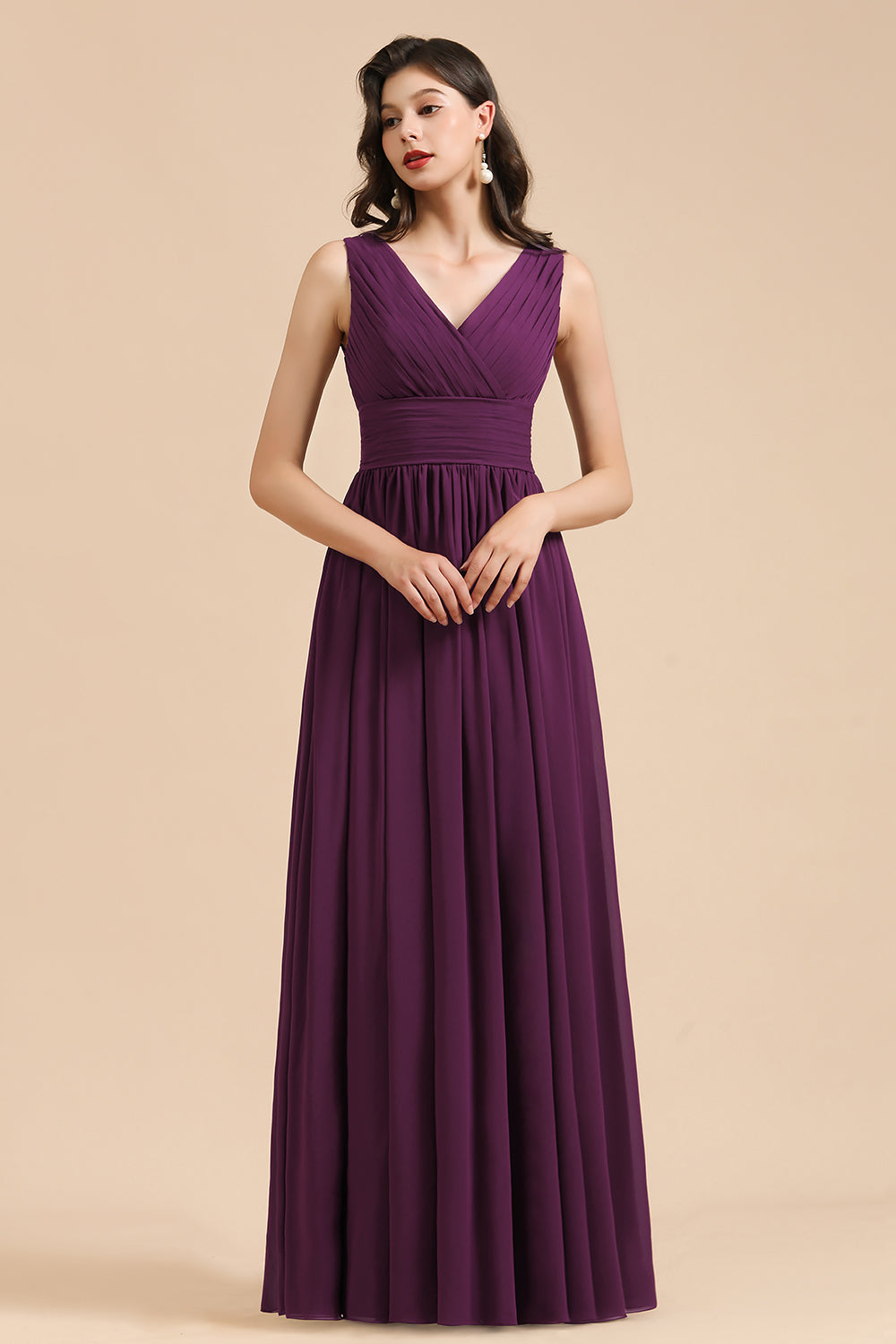 Purple V-Neck Chiffon A-Line Long Bridesmaid Dress