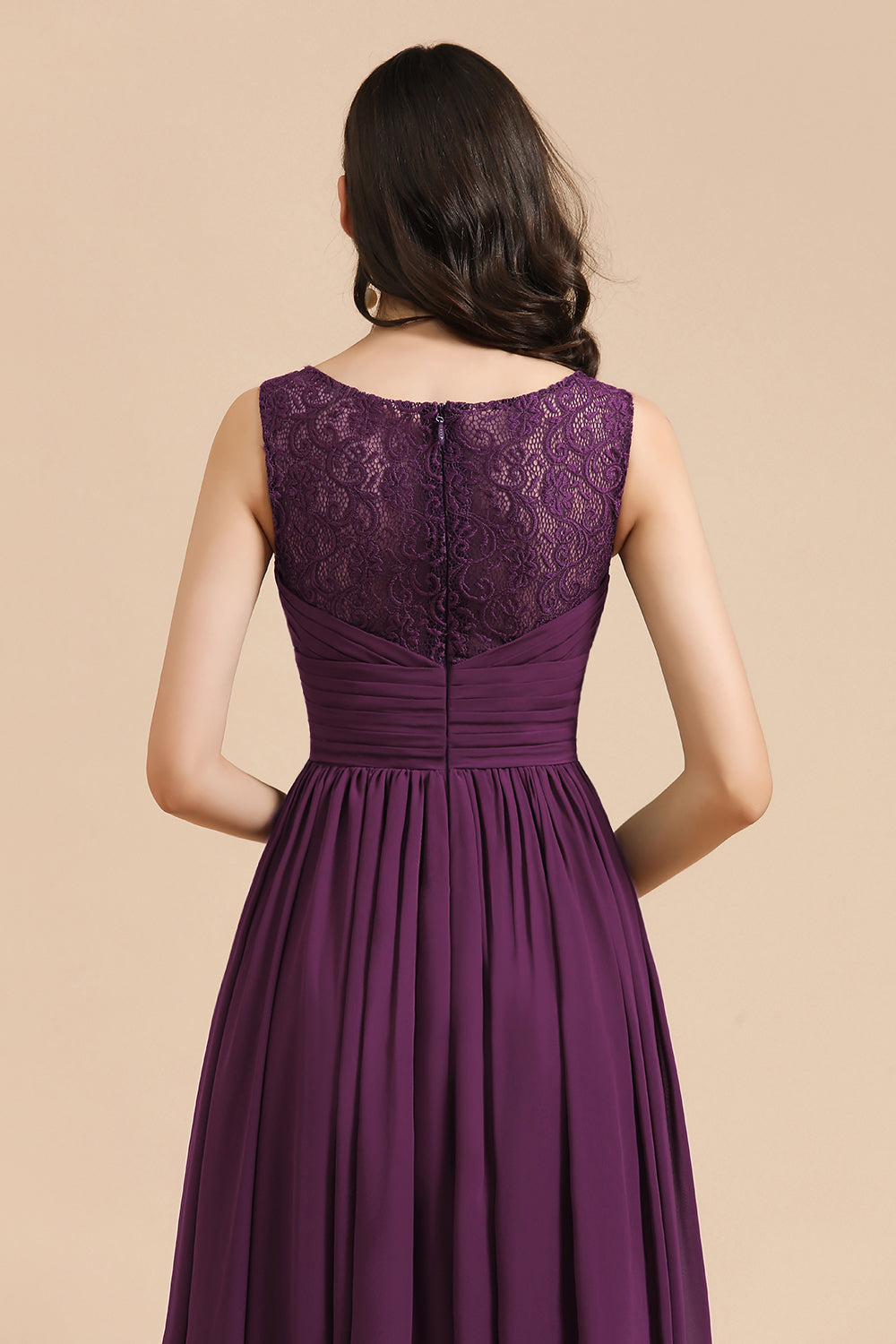 Purple V-Neck Chiffon A-Line Long Bridesmaid Dress Back Detail