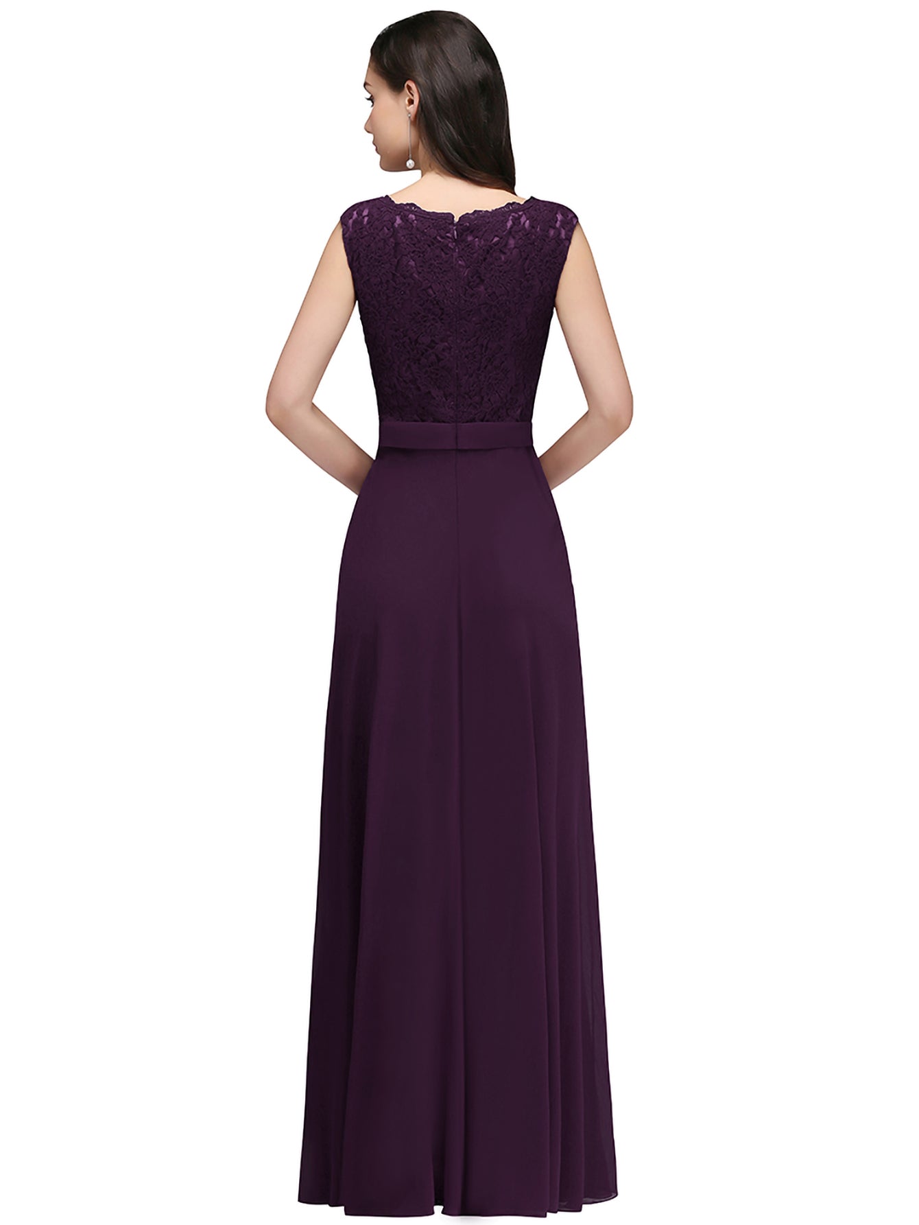 Purple V-Neck Chiffon A-Line Long Bridesmaid Dress Back View