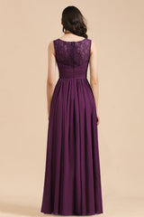 Purple V-Neck Chiffon A-Line Long Bridesmaid Dress Back View