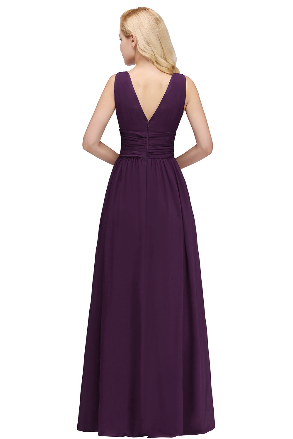 Purple V-Neck Chiffon A-Line Long Bridesmaid Dress Back View