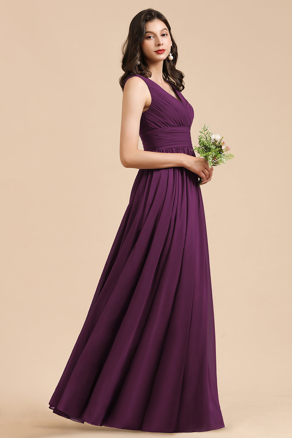 Purple V-Neck Chiffon A-Line Long Bridesmaid Dress Side View