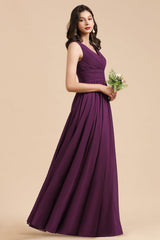 Purple V-Neck Chiffon A-Line Long Bridesmaid Dress Side View