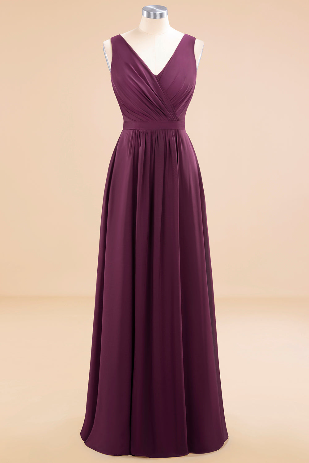 Purple V-Neck Chiffon A-Line Long Bridesmaid Dress with Ruching