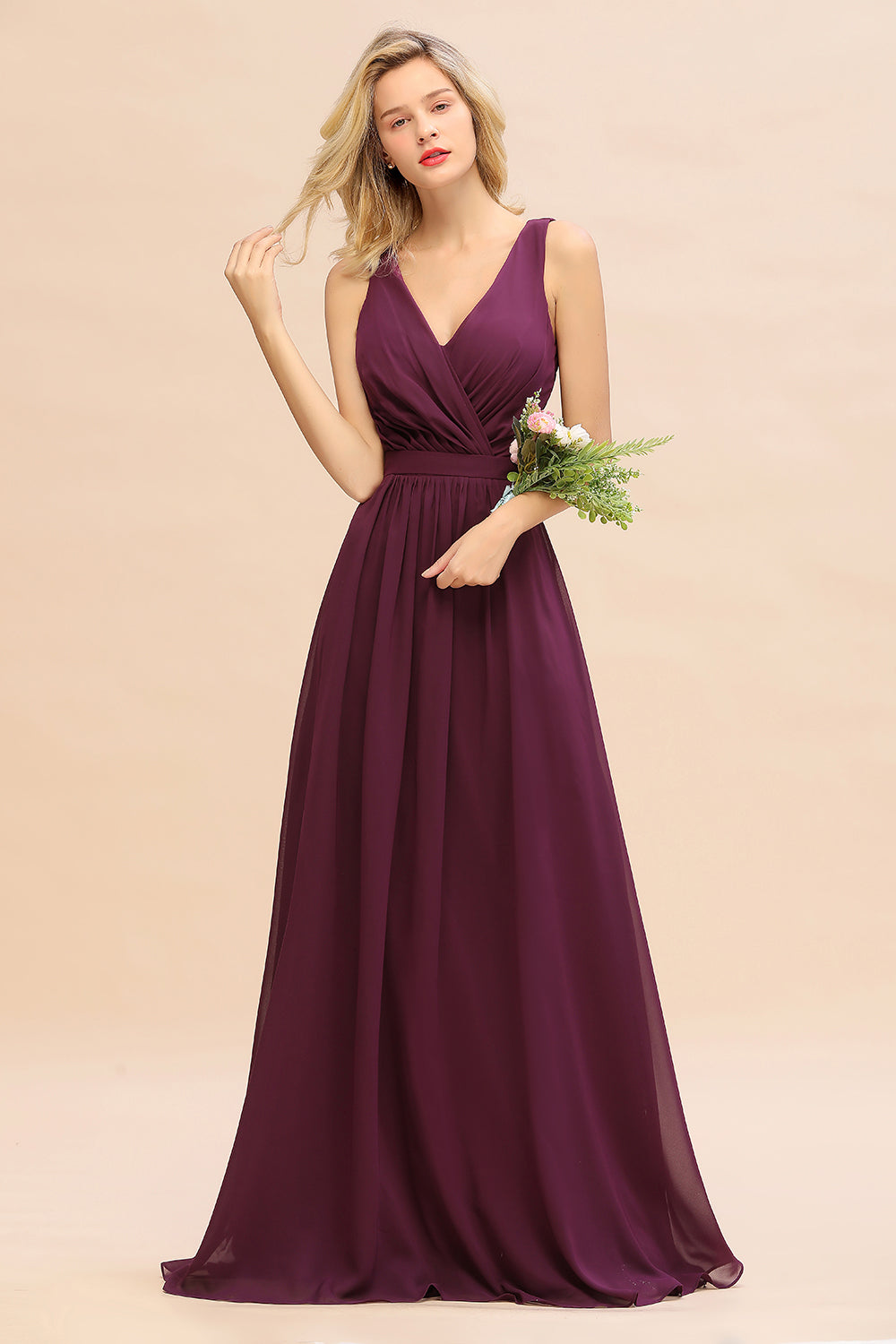 Purple V-Neck Chiffon A-Line Long Bridesmaid Dress with Ruching