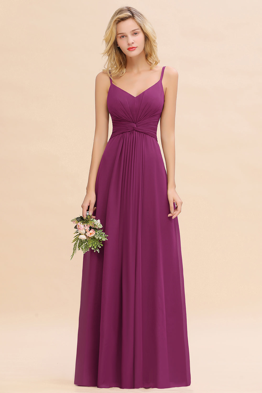 Purple V-Neck Chiffon A-Line Long Bridesmaid Dress with Ruching