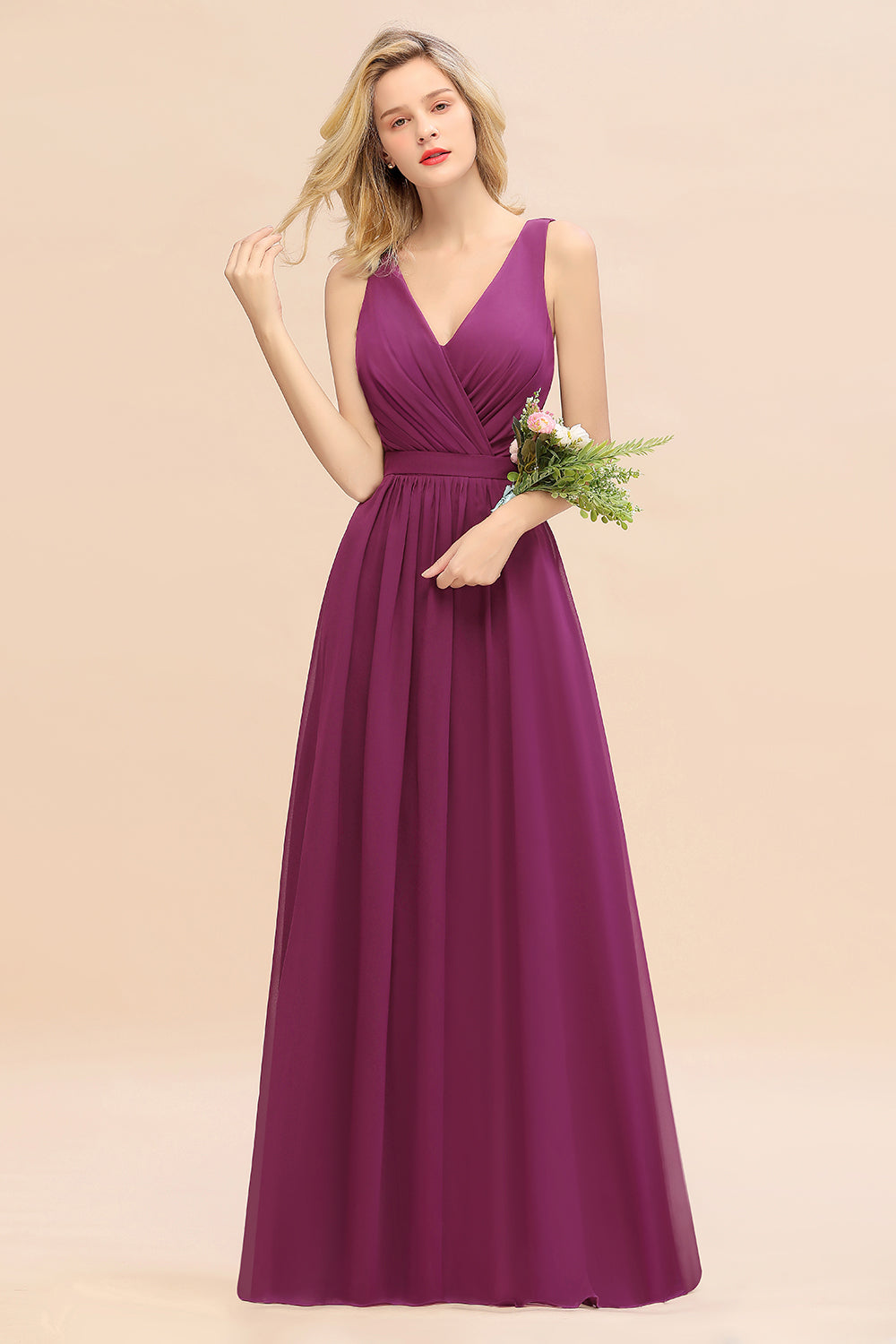 Purple V-Neck Chiffon A-Line Long Bridesmaid Dress with Ruching