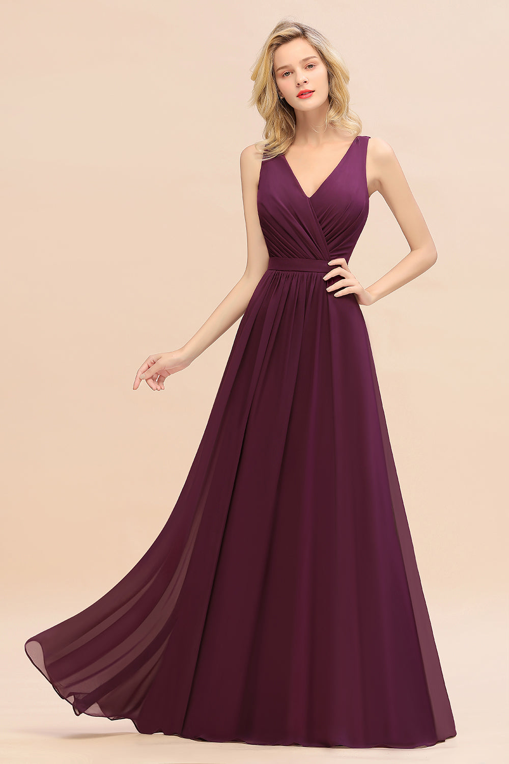 Purple V-Neck Chiffon A-Line Long Bridesmaid Dress with Ruching