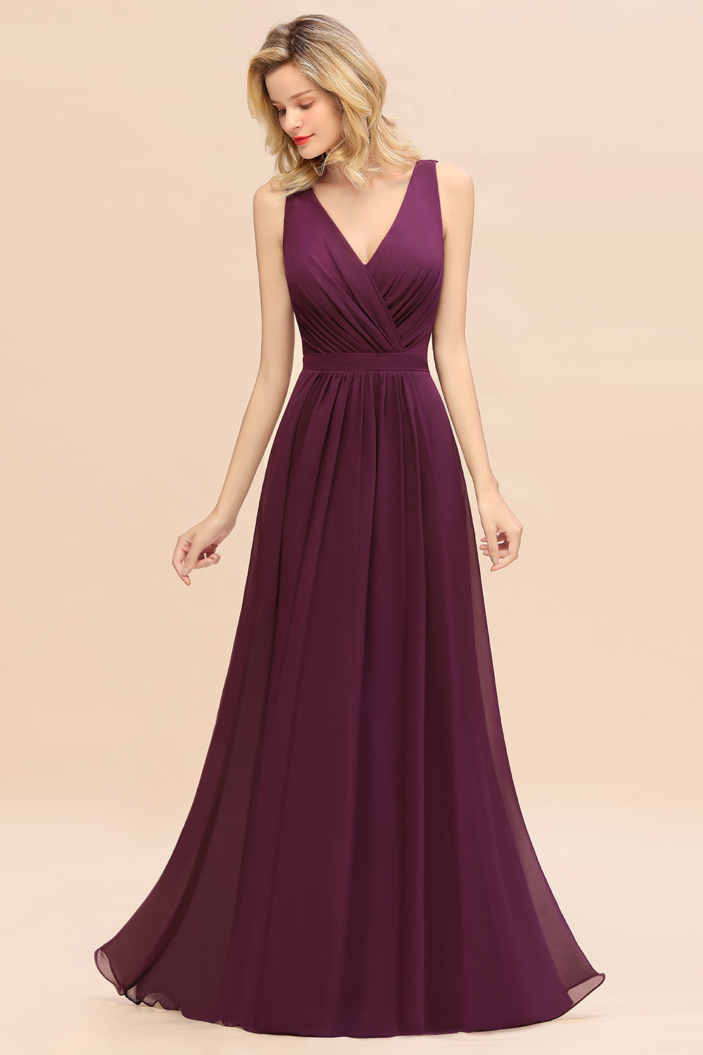 Purple V-Neck Chiffon A-Line Long Bridesmaid Dress with Ruching
