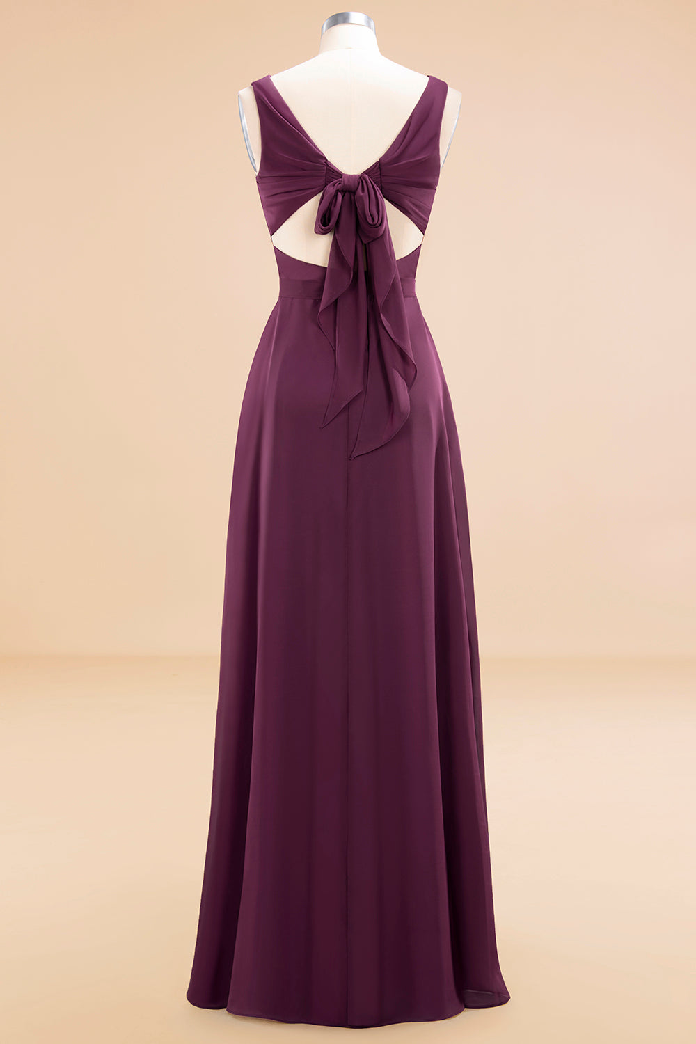 Purple V-Neck Chiffon A-Line Long Bridesmaid Dress with Ruching Back View
