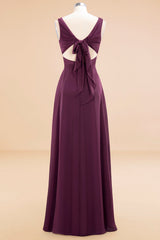 Purple V-Neck Chiffon A-Line Long Bridesmaid Dress with Ruching Back View