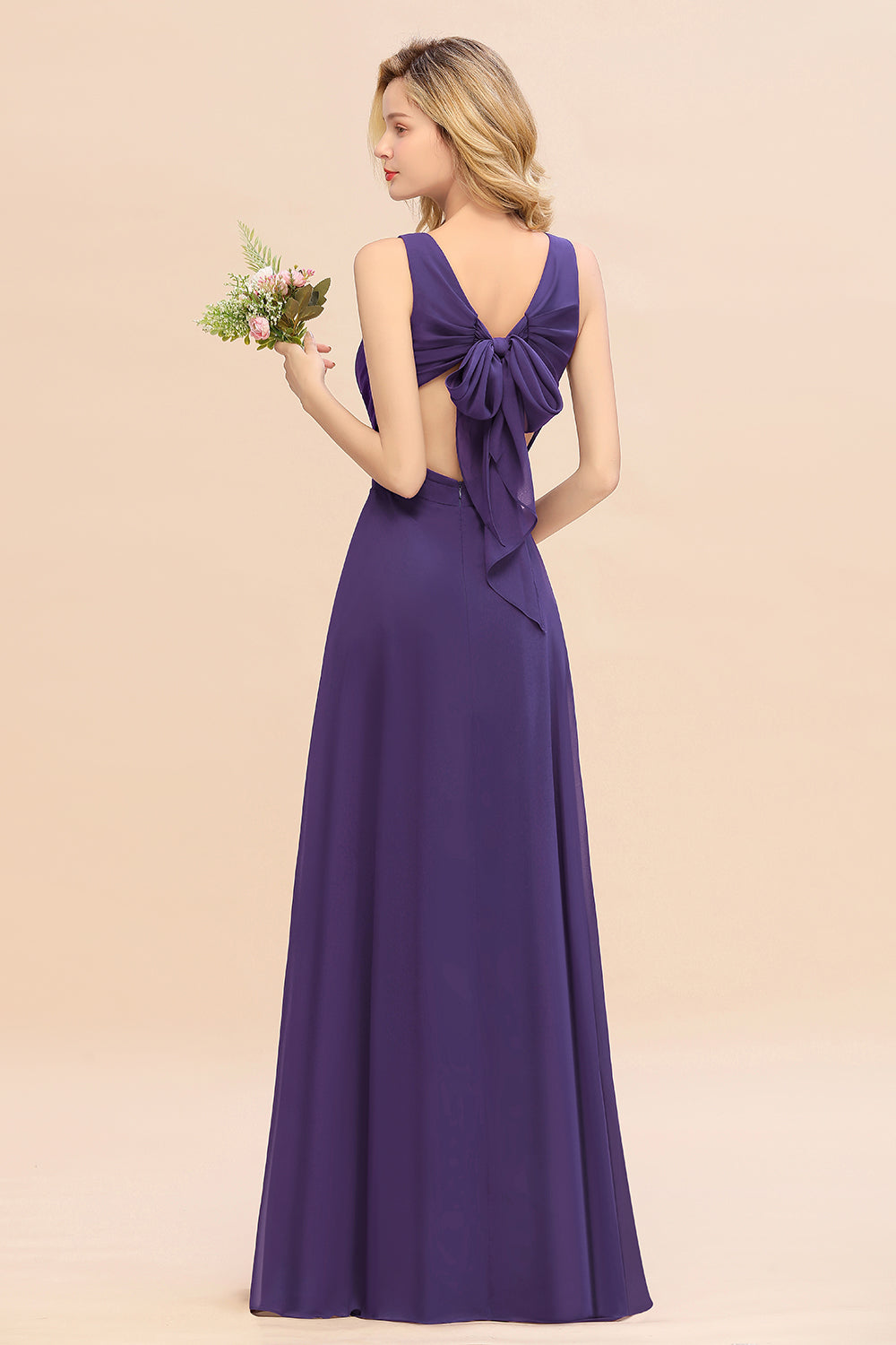 Purple V-Neck Chiffon A-Line Long Bridesmaid Dress with Ruching Back View