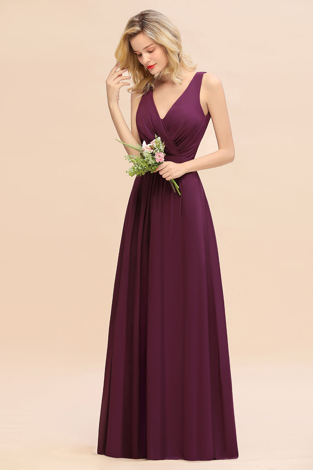 Purple V-Neck Chiffon A-Line Long Bridesmaid Dress with Ruching Side View