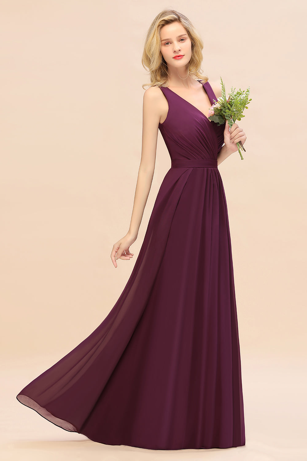 Purple V-Neck Chiffon A-Line Long Bridesmaid Dress with Ruching Side View