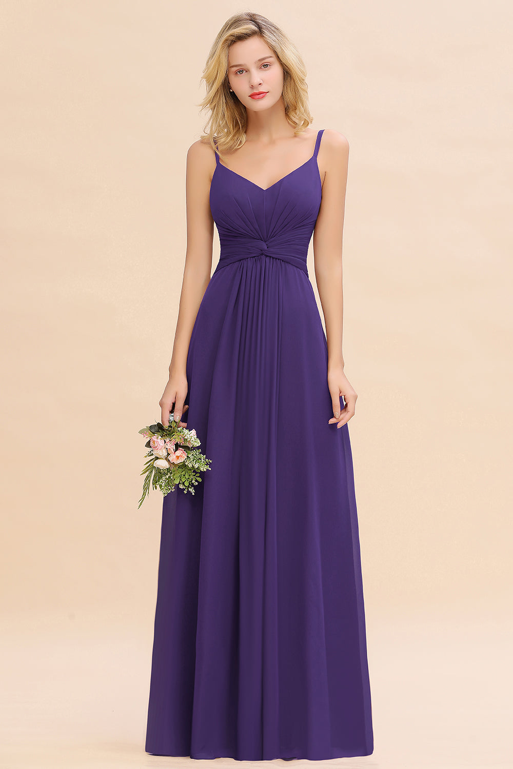 Purple V-Neck Chiffon A-Line Long Bridesmaid Dress with Ruching
