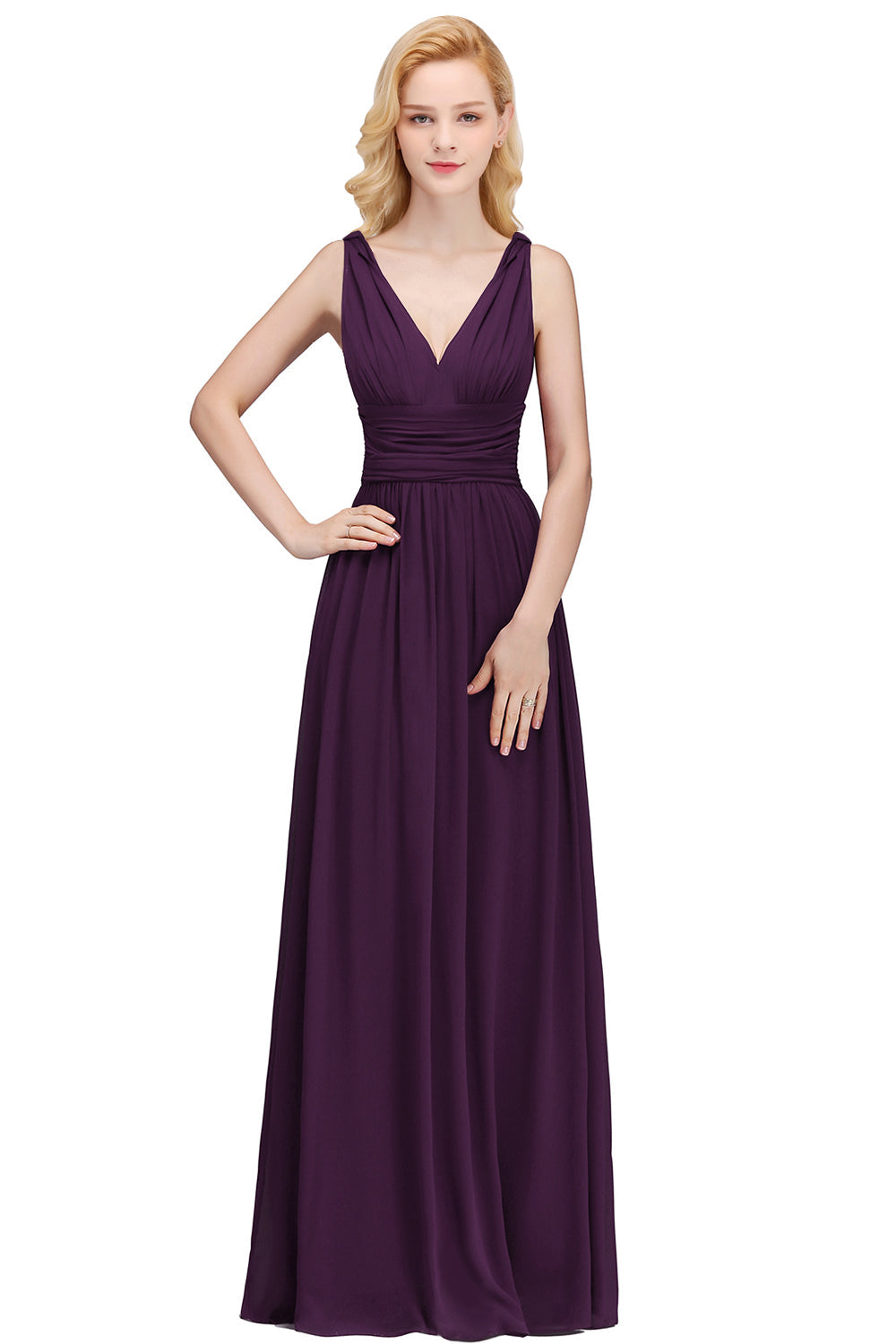 Purple V-Neck Chiffon A-Line Long Bridesmaid Dress