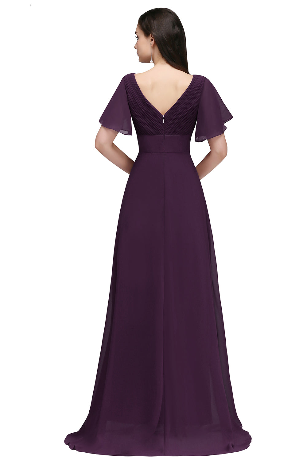 Purple V-Neck Chiffon Empire Long Bridesmaid Dress Back View