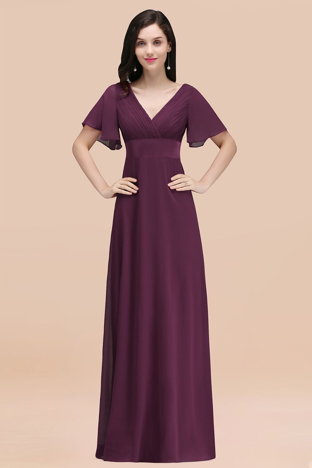 Purple V-Neck Chiffon Empire Long Bridesmaid Dress with Pleats