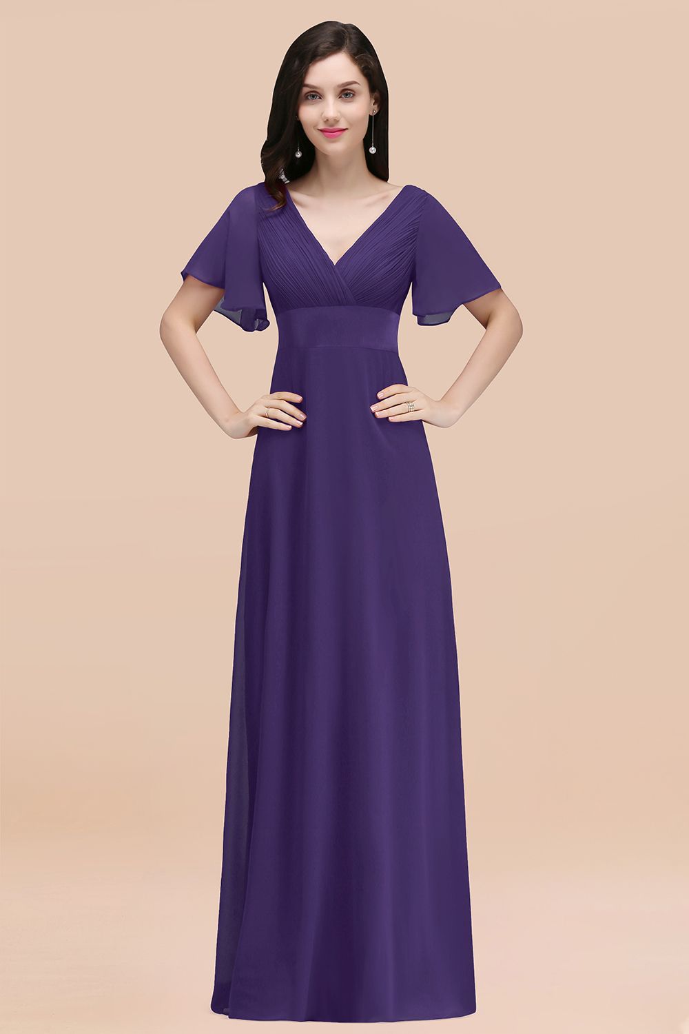 Purple V-Neck Chiffon Empire Long Bridesmaid Dress with Pleats