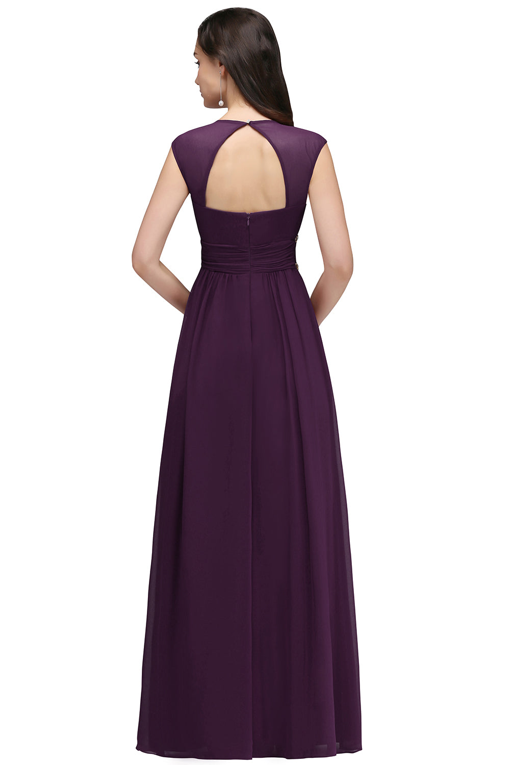 Purple V-Neck Chiffon Empire Long Bridesmaid Dress with Rhinestones Back View