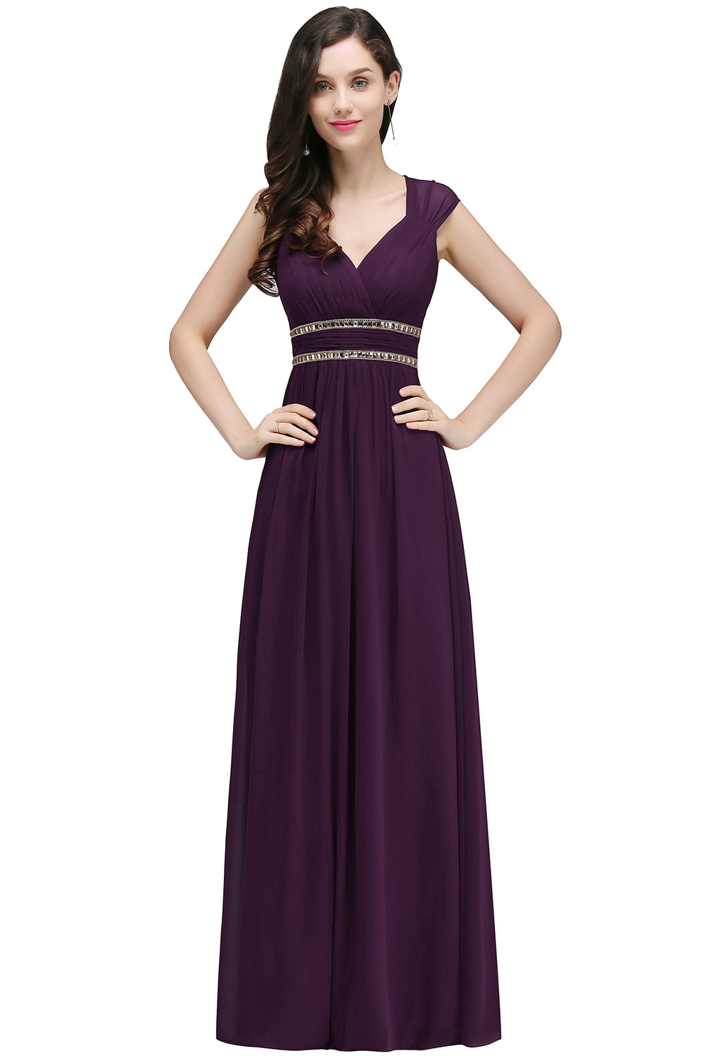 Purple V-Neck Chiffon Empire Long Bridesmaid Dress with Rhinestones