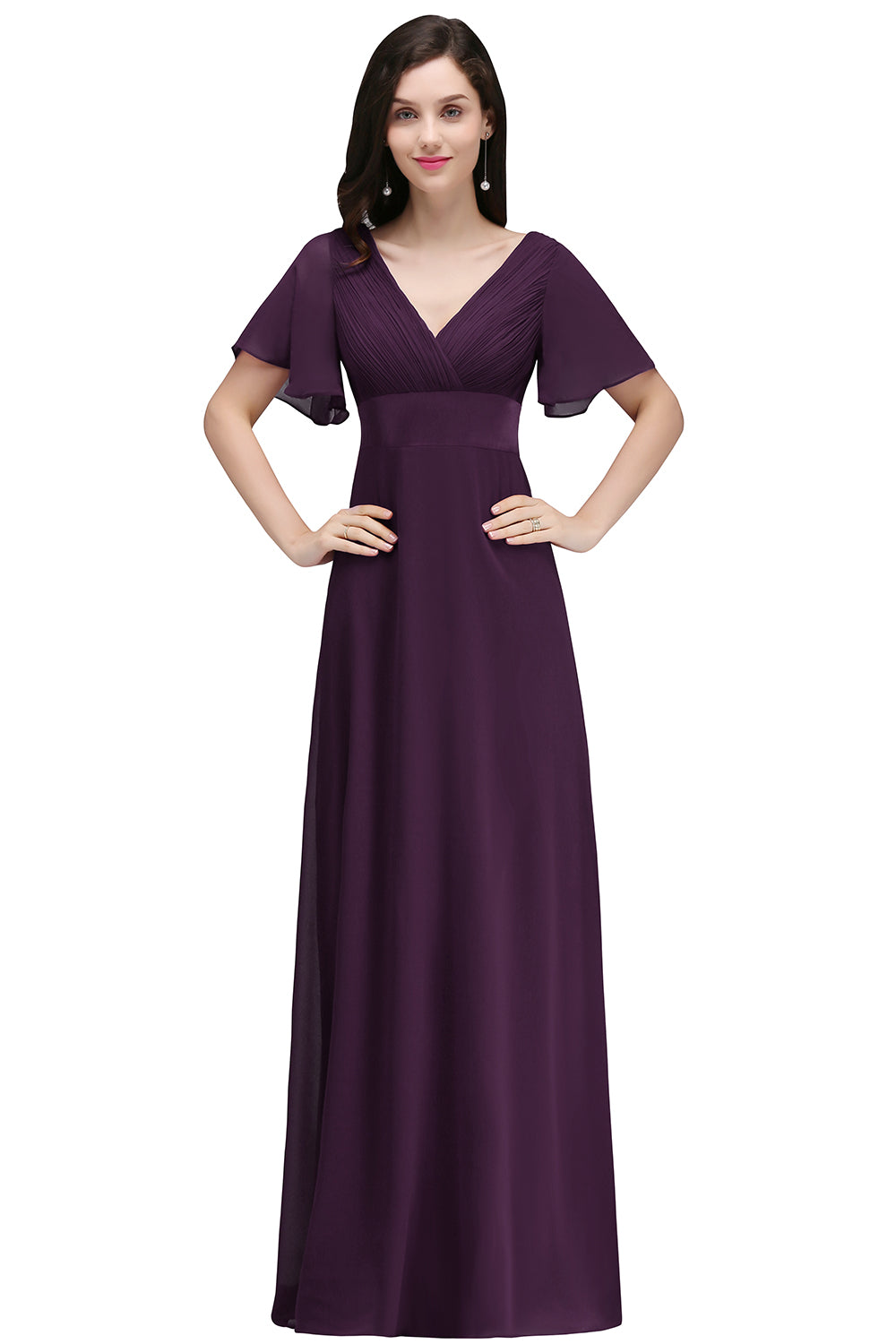 Purple V-Neck Chiffon Empire Long Bridesmaid Dress