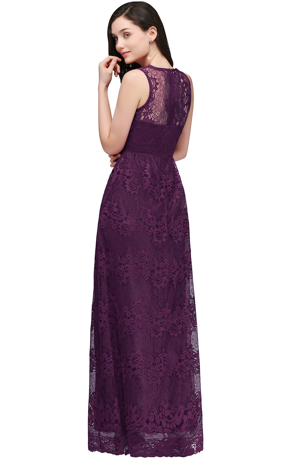 Purple V-Neck Lace A-Line Long Bridesmaid Dress Back View