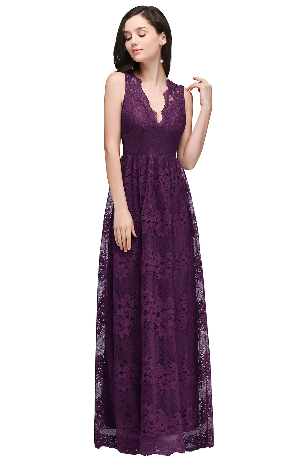 Purple V-Neck Lace A-Line Long Bridesmaid Dress