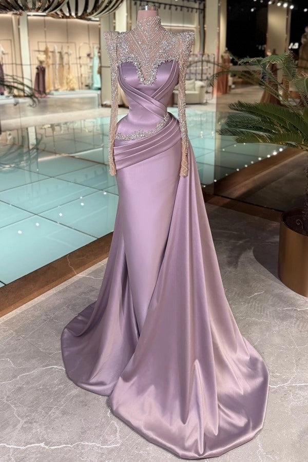 27Dress Purple Mermaid Long Sleeves Long Formal Dress with Rhinestones