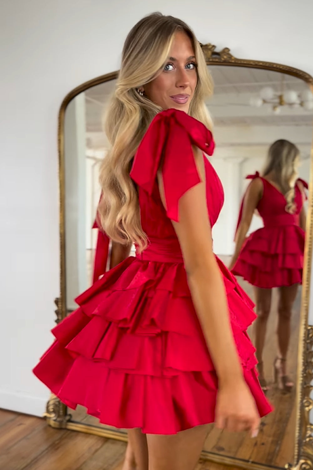 Red Deep V-Neck A-Line Homecoming Dress with Bow Back View