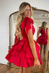Red Deep V-Neck A-Line Homecoming Dress with Bow Back View