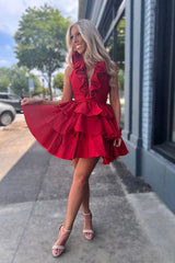Red Deep V-Neck A-Line Homecoming Dress with Ruffles