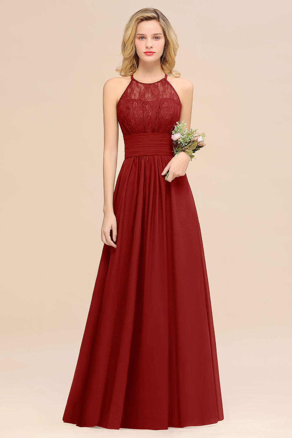 Red Halter Chiffon A-Line Long Bridesmaid Dress
