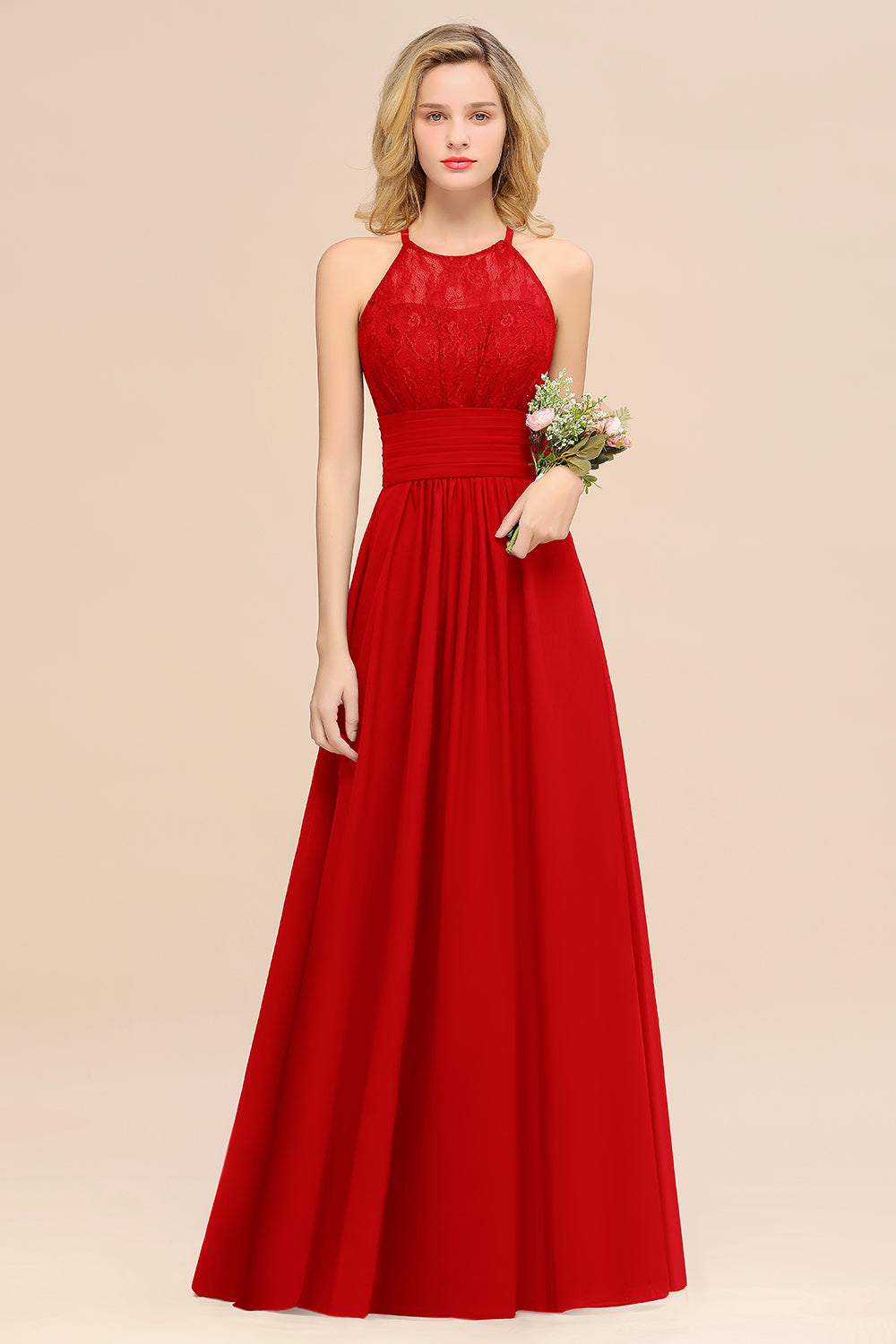 Red Halter Chiffon A-Line Long Bridesmaid Dress